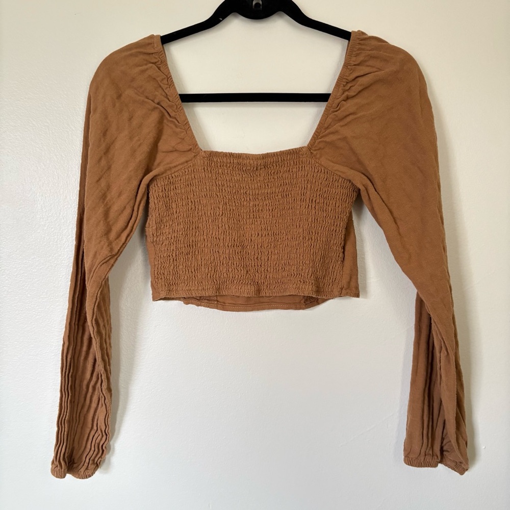 Wild Fable Cropped Long Sleeve Boho Top, Brown, Size XS - Picture 6 of 9